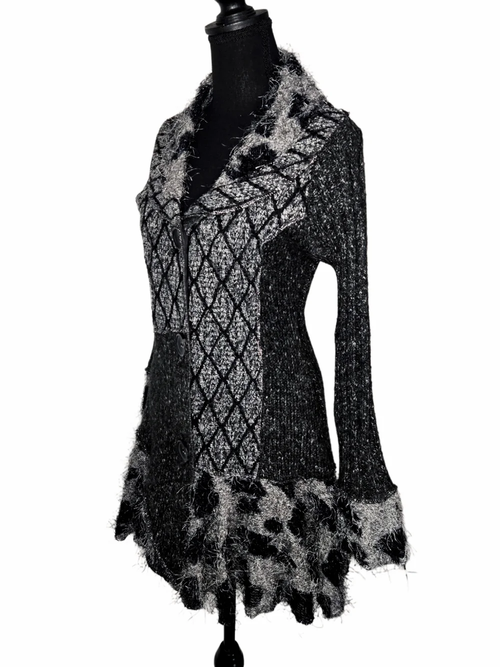 Y2k Black & Gray Textured Button-Front Sweater Coat!